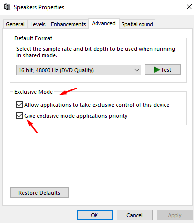 disable Exclusive Mode