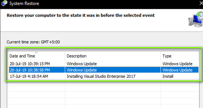 select the restore point from the list select the restore point from the list