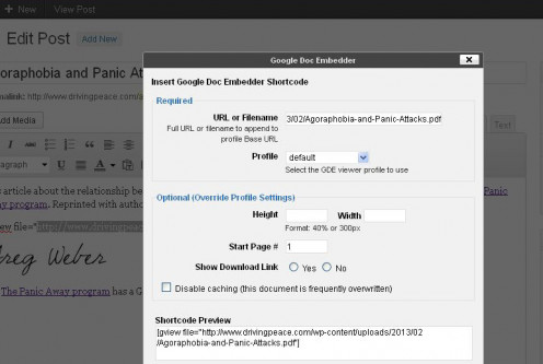 Pegue la URL del PDF en el campo para generar el código corto del complemento.