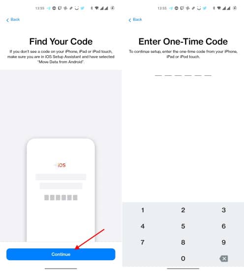 enter one time code from iphone on android in move to ios app