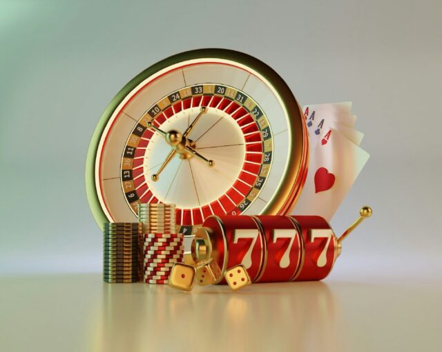 A clock, dice, and casino chips on a table