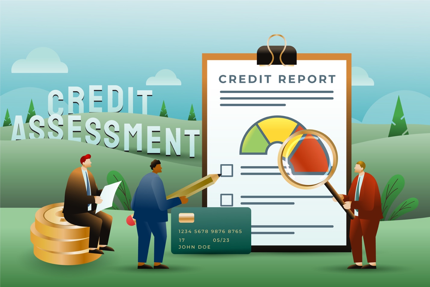 A group of people standing around a credit report AI-generated content may be incorrect.